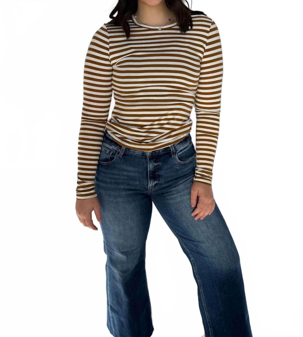 NEW HYFVE striped crew neck fitted long sleeve top in brown/white
